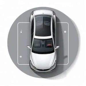 Illustration of an overhead view of a vehicle, with circular road silhouette. Showing window layout on a car.