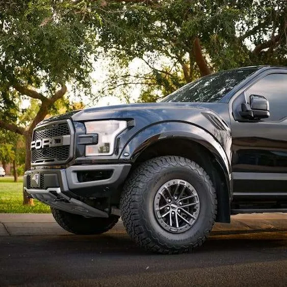 Ford F150 parked under a tree, cropped to show the front wheels, grill, headlight, hood and windshield