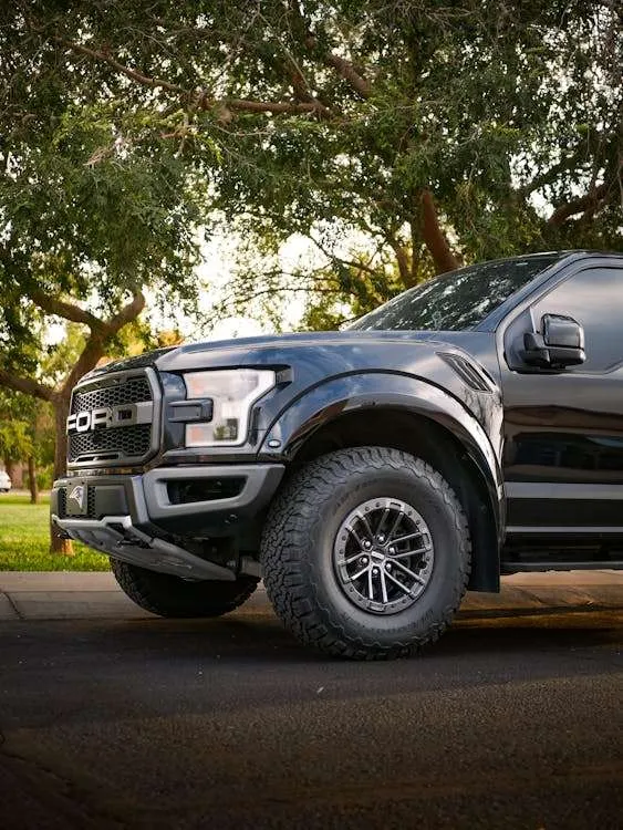 Ford F150 parked under a tree, cropped to show the front wheels, grill, headlight, hood and windshield