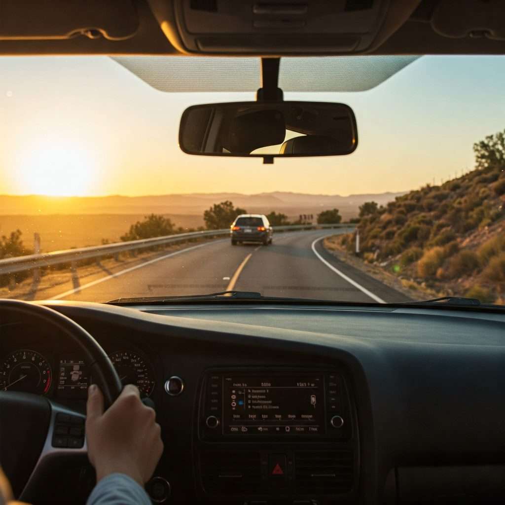 View from inside a vehicle driving at sunset, with a clear, well maintained windshield