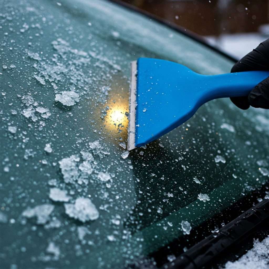 Close-up showing a scraper tool removing ice from a windshield during regular maintenance