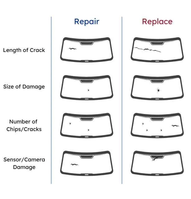 Comparison of various types of damage in windshields and whether they can be repaired or if the windshield must be replaced. Side by side view of samples of drawn windshields with damage