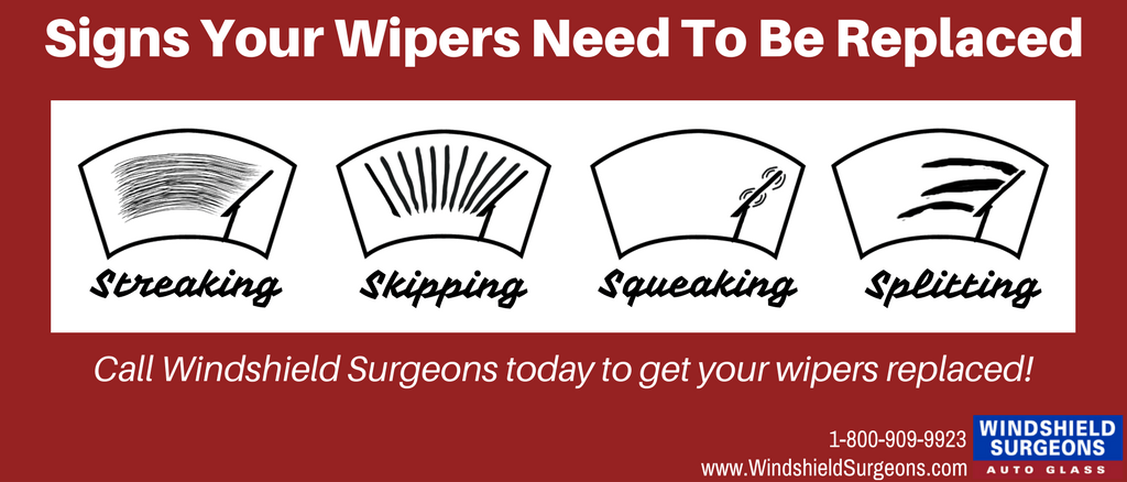 Infographic showing signs windshield wipers need replacement or maintenance: streaking, skipping, squeaking, and splitting