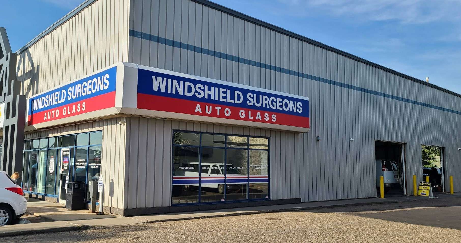 Outside view of Windshield Surgeons Auto Glass shop in West Edmonton Mayfield area