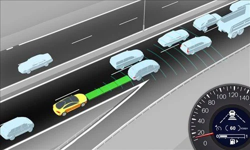 Adaptive cruise control visualization with sensor-based following distance adjustment for avoiding rock chips