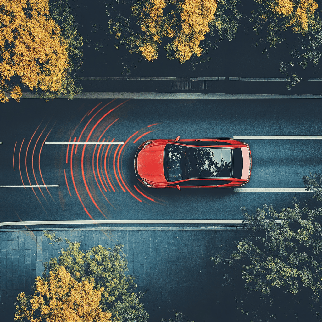 Overhead view of a vehicle driving on a roadway, with abstract red lines emanating from the front of the vehicle to indicate adaptive cruise control sensors