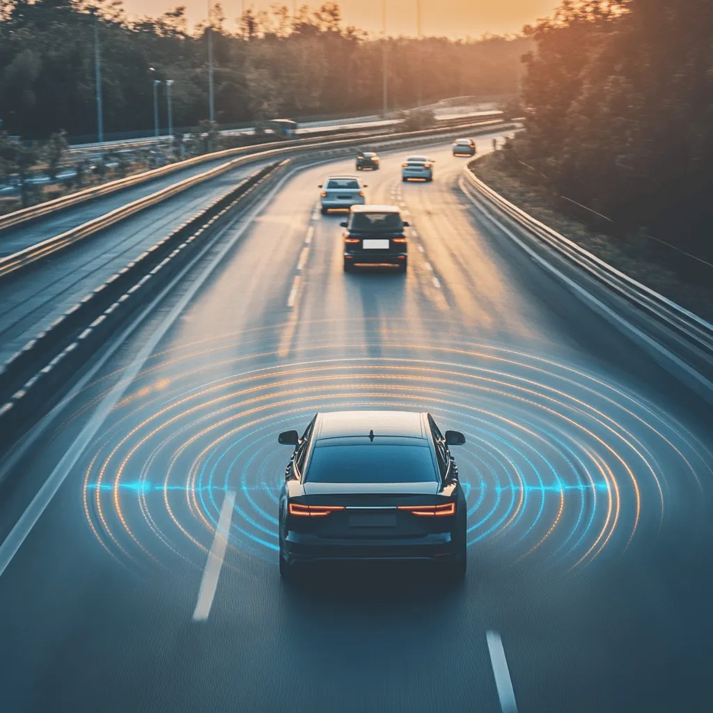 Car driving on a highway with visual indicators of Adaptive Cruise Control system active.