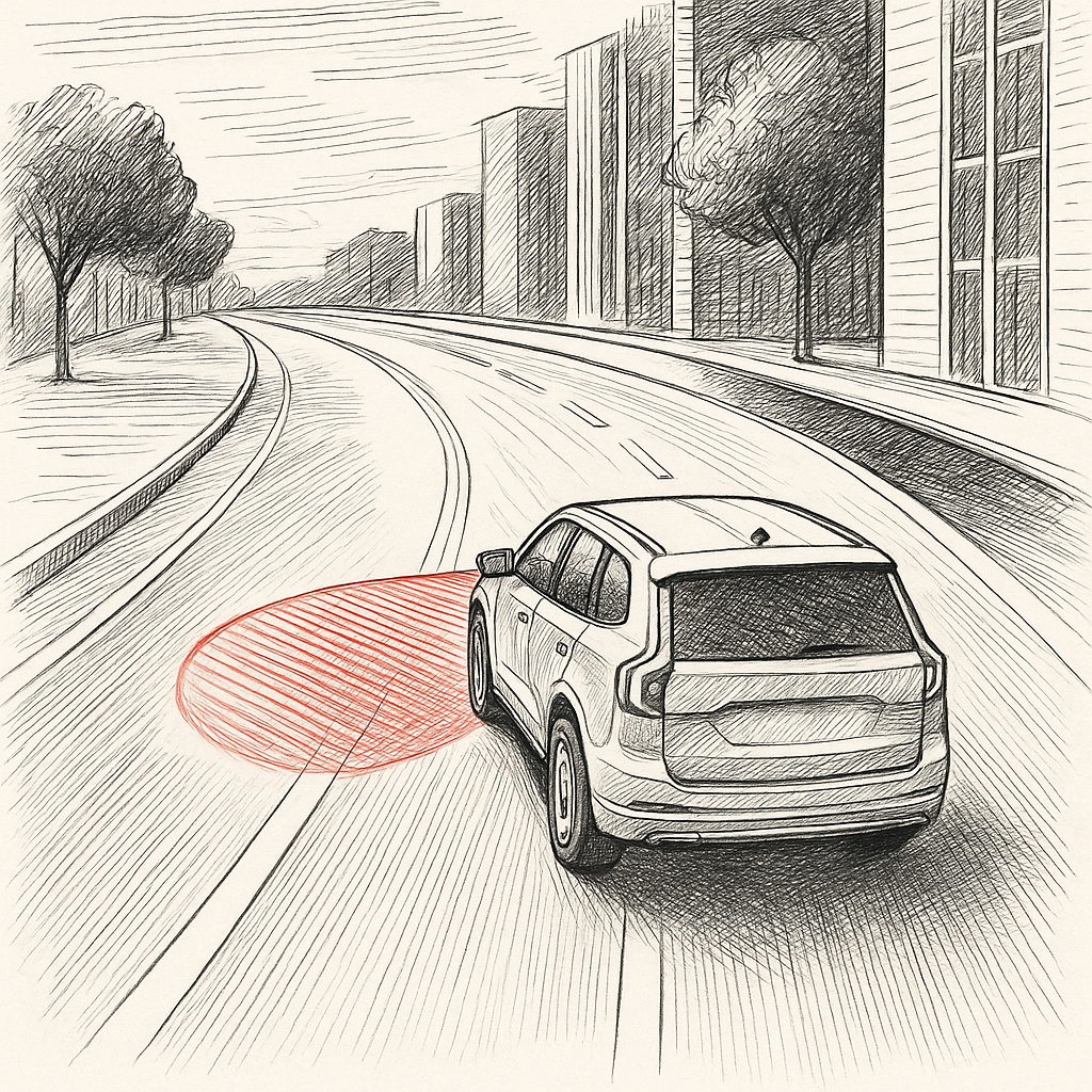Hand-drawn style AI generated illustration of an SUV driving through a city curve, with red radar-like sensor lines projecting from the side of the vehicle, and properly marked lane lines on the road.