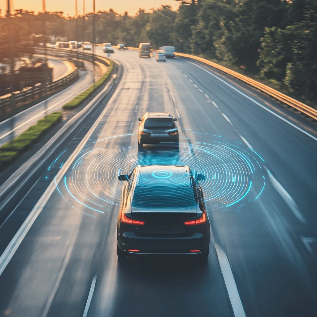 Car driving on a highway with collision mitigation system active, shown by blue radar signals surrounding the vehicle.