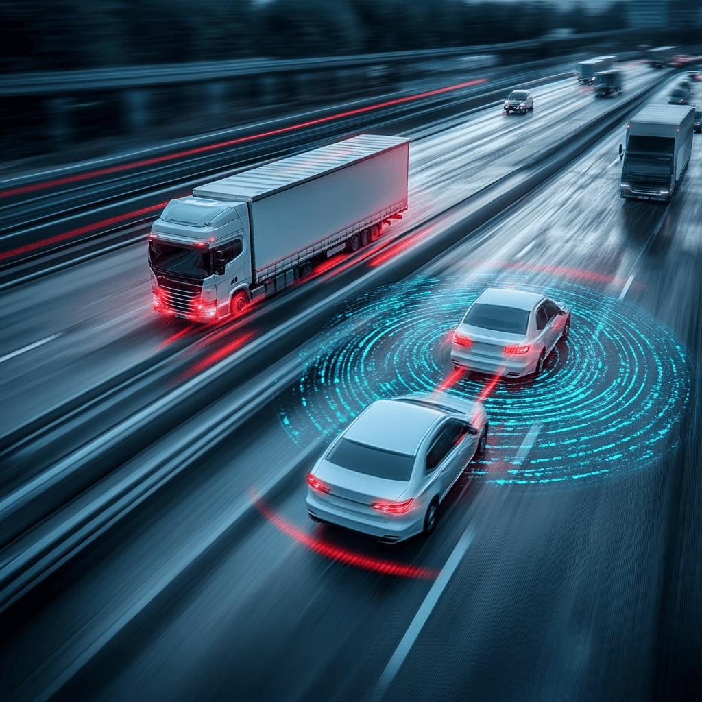 Cars and trucks driving on a highway with blue and red collision detection signals visualized around the vehicles.