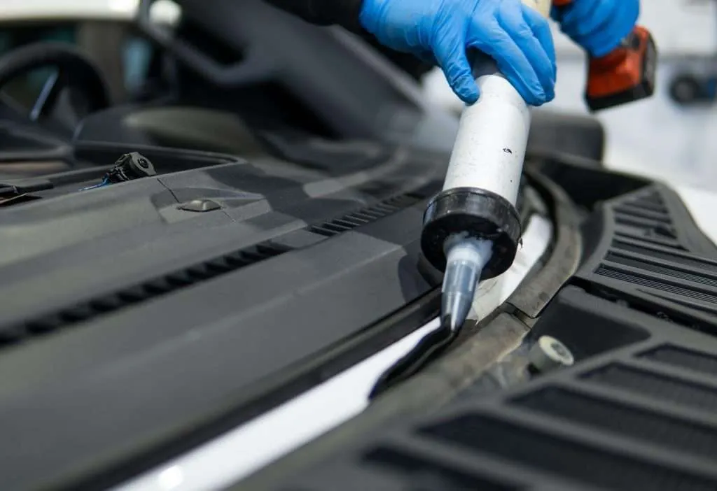 Close-up on the application of urethane adhesive during windshield replacement