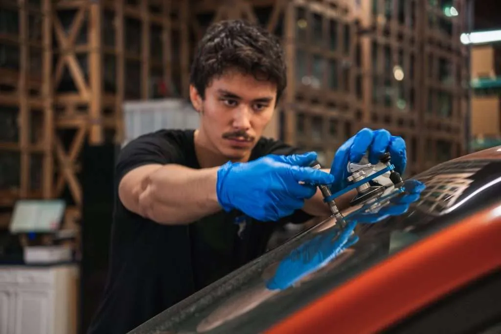 Close-up on a Windshield Surgeons technician performing a repair using a specialized tool