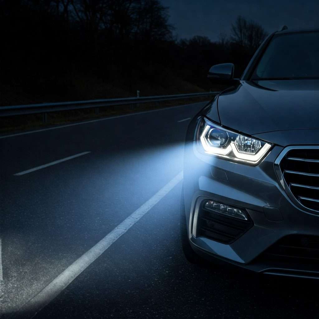 Close-up on a vehicle's adaptive headlights, with visible beams being projected onto a dark roadway