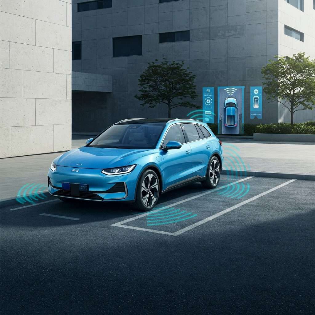 AI-generated image illustrating the concept of parking assistance systems using sensors to detect the surroundings of a vehicle