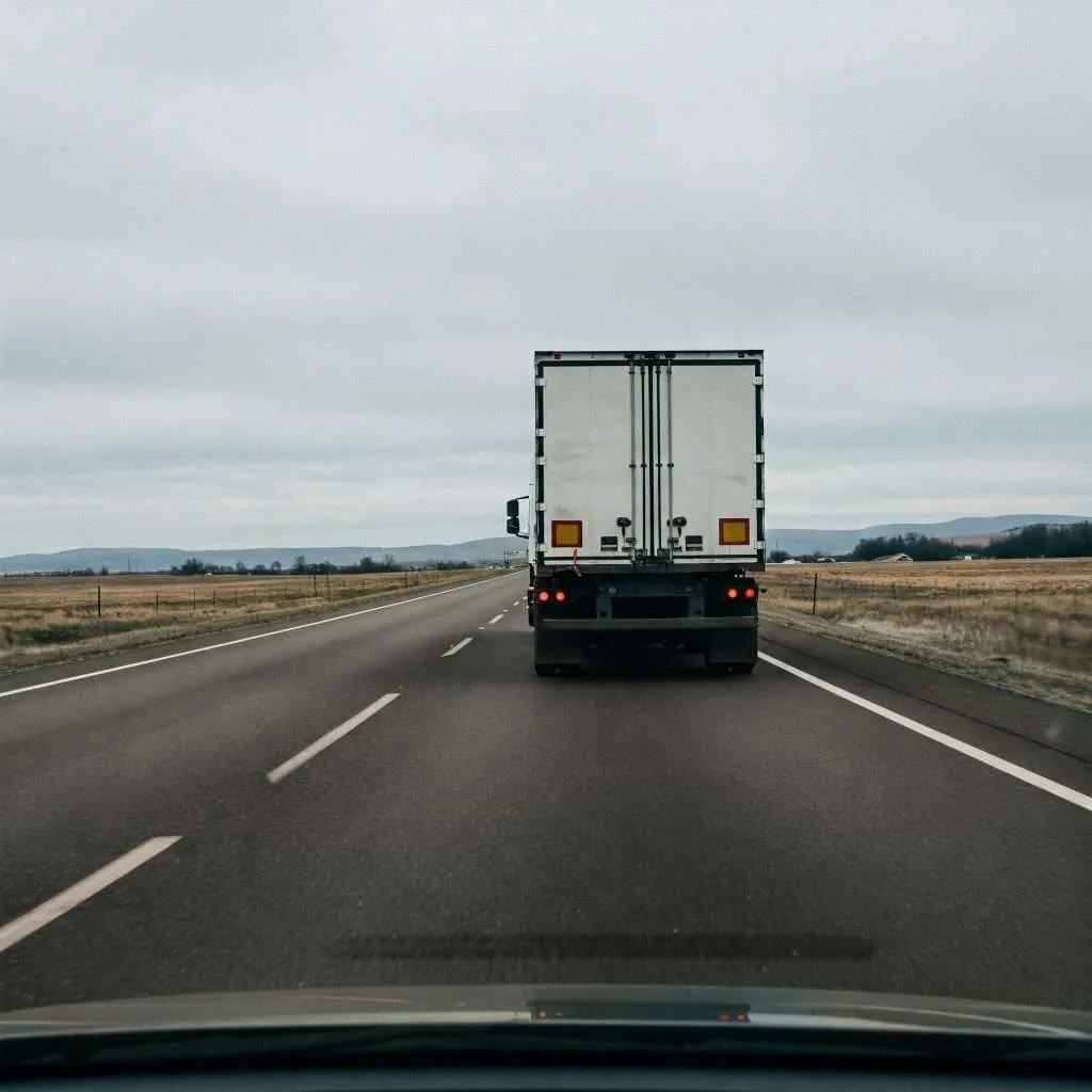Driver P.O.V. of the back of a truck driving on the highway