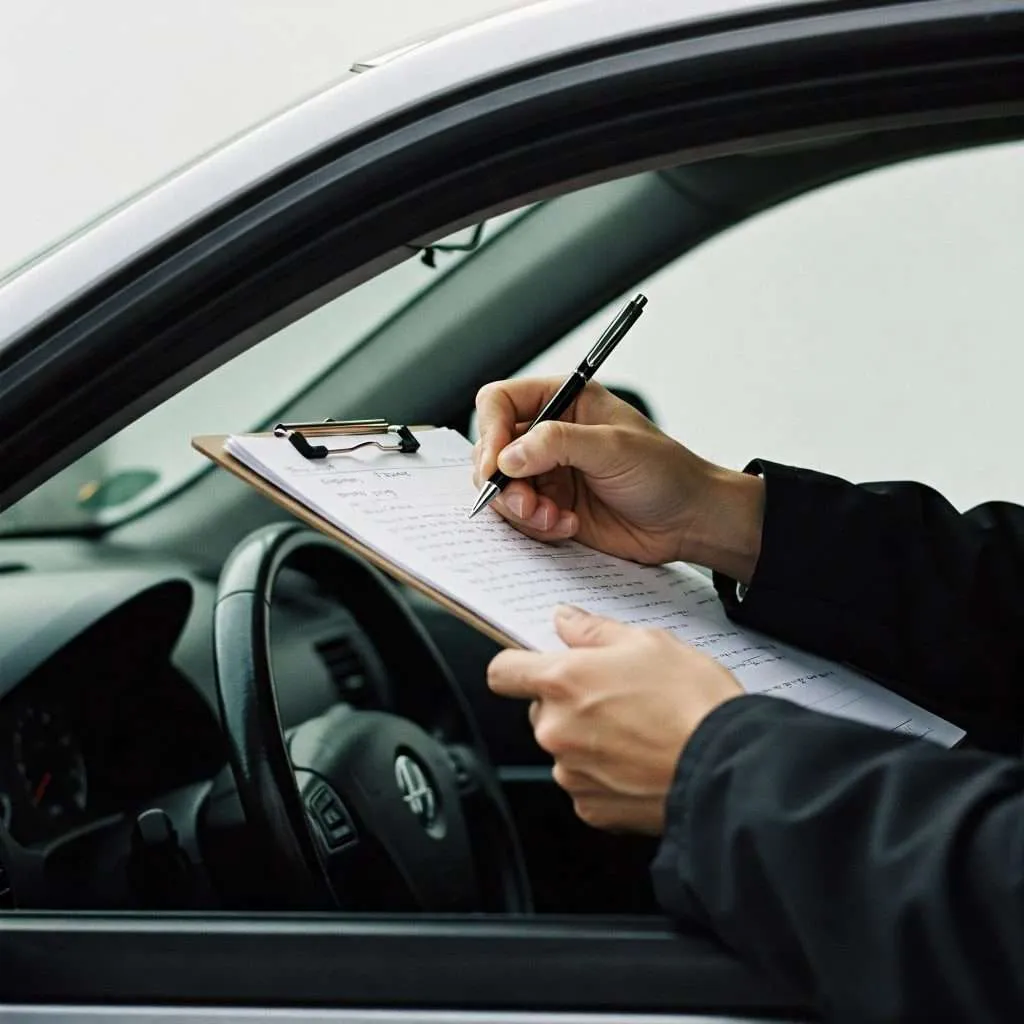 AI generated image depicting a close-up of an auto glass technician writing on insurance forms at the window of a vehicle