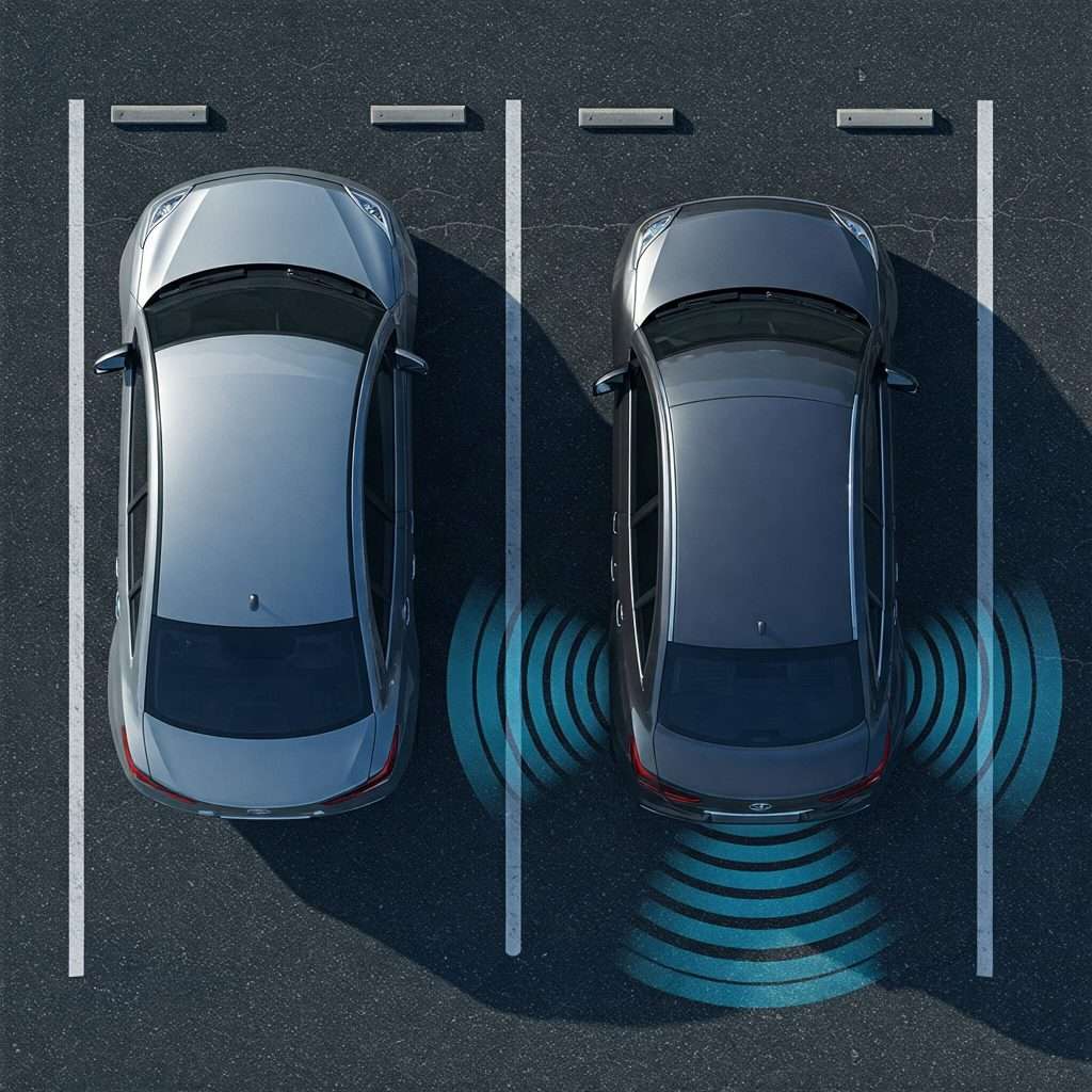 Overhead-view illustration of two parked cars, with rear cross traffic alert sensor signals emanating from the right car