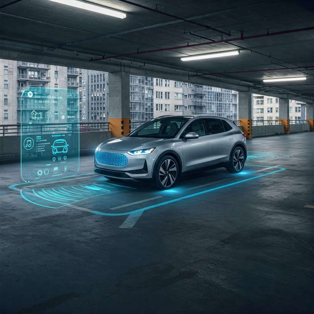 AI-generated image illustrating advanced parking assistance systems with abstract neon graphics surrounding an SUV