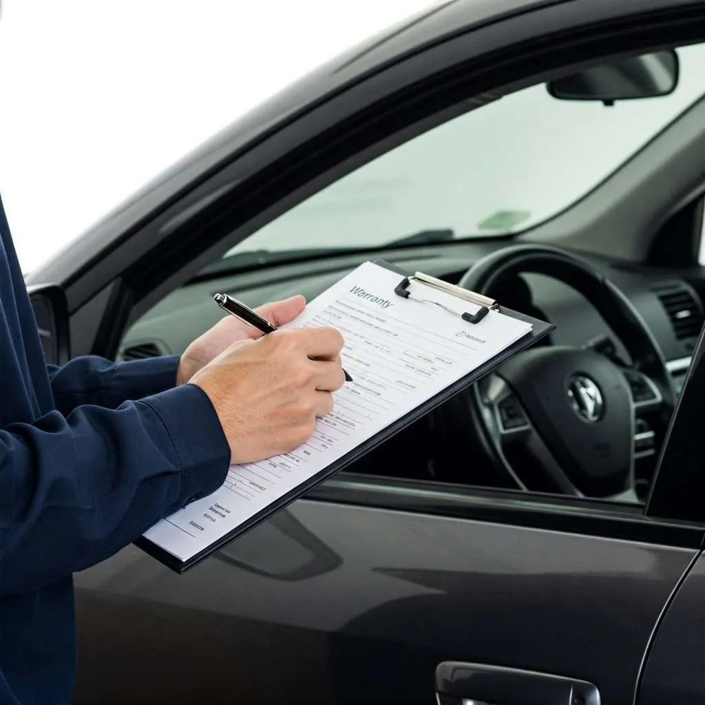a person writing on Warranty paperwork on a clipboard next to a car