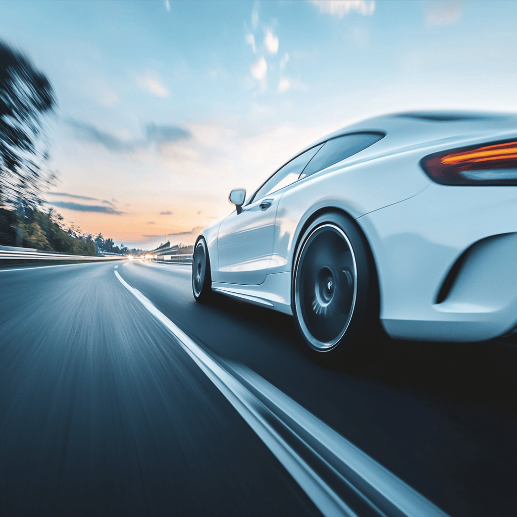 A white car travelling at speed on a highway, using adaptive cruise control