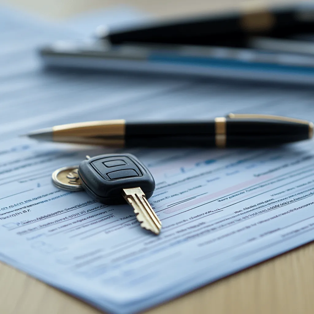 AI generated image of a car key and pen resting on an insurance document on a table.