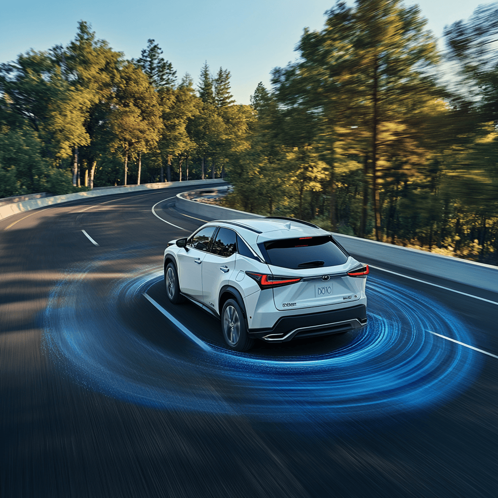 White SUV driving through a winding forest road with blue digital lane centering system graphics activated around the vehicle.