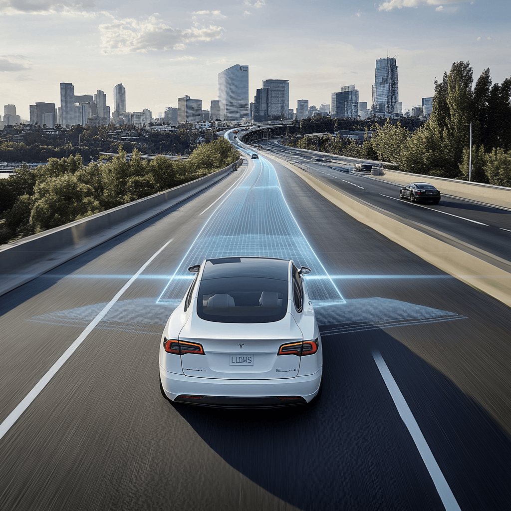 AI-generated image depciting a vehicle travelling on a freeway, with abstract lines visualizing Lane Departure Warning System sensors