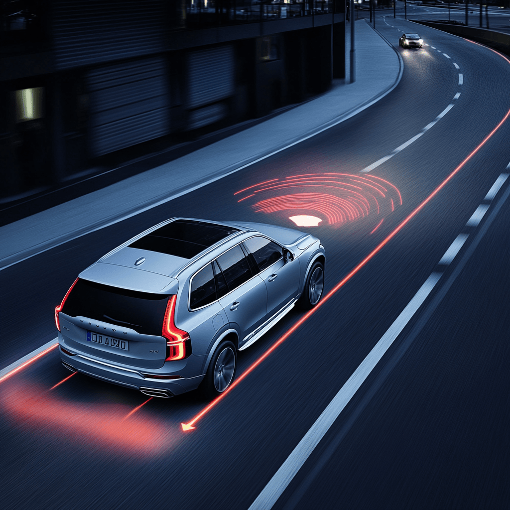 Silver SUV driving on a curved road at night with illuminated red lane departure warning and obstacle detection signals.