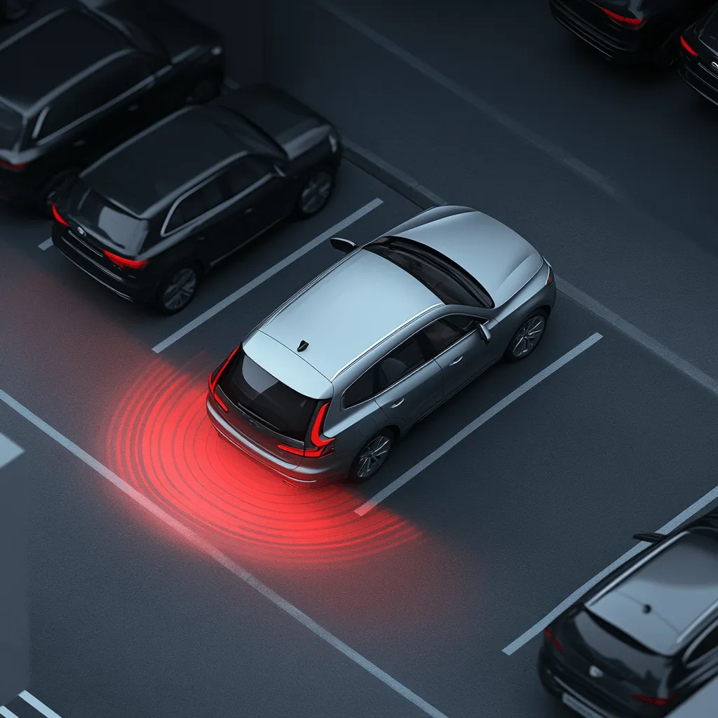 Silver SUV backing out of a parking space with Rear Cross Traffic Alert system active, shown by red warning signals.