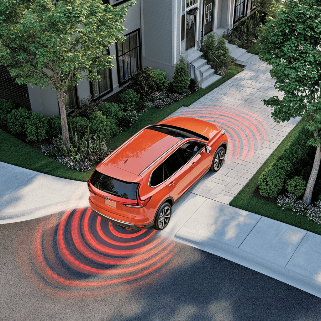 AI-generated illustration of an orange SUV backing out of a driveway, with added graphics indicating rear cross traffic alert sensors in action