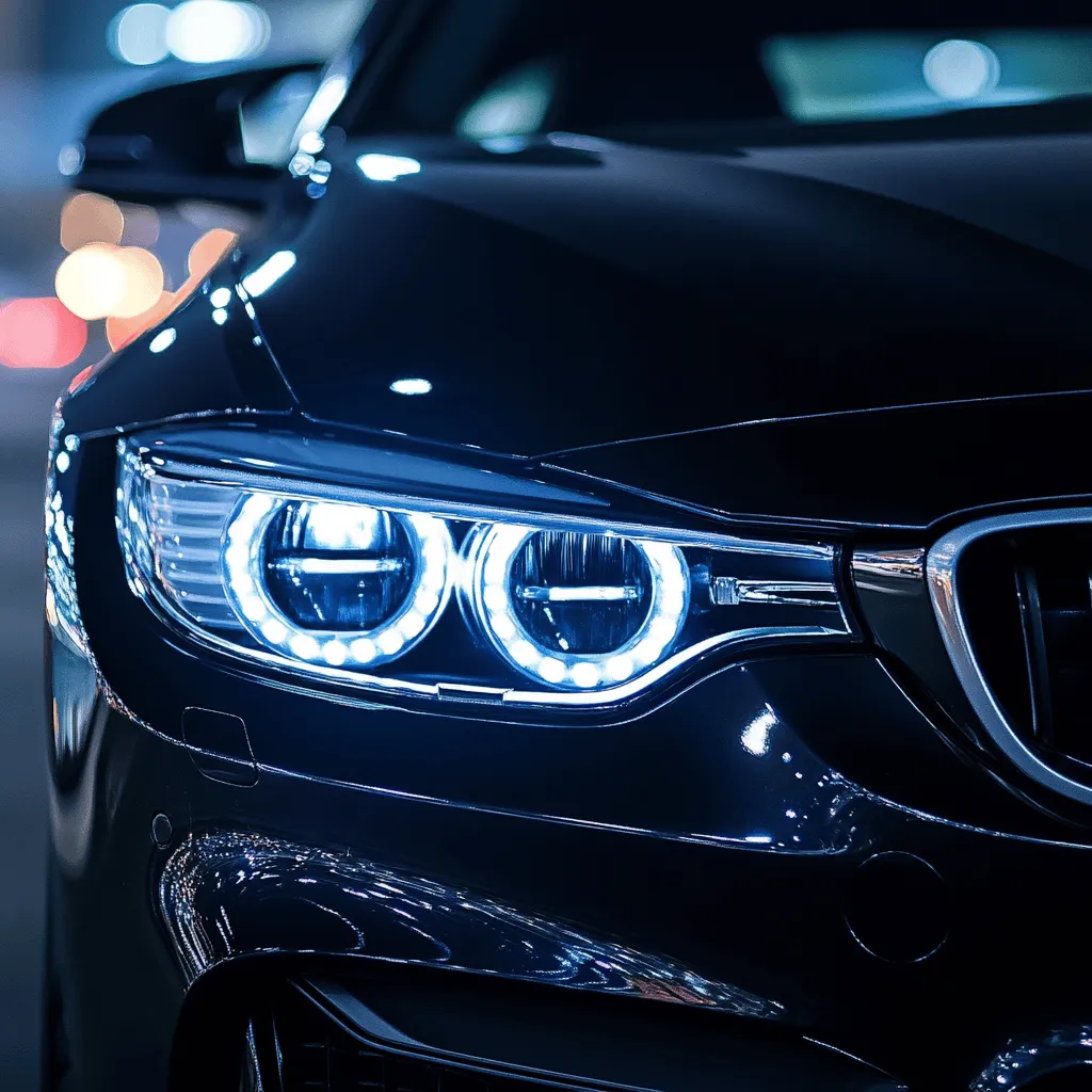 Close-up of a car’s adaptive headlights illuminated at night.