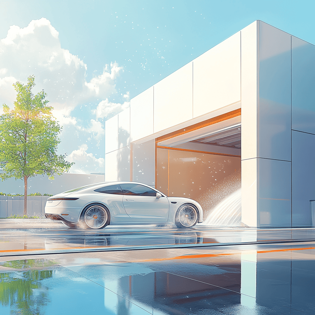 Stylized illustration of a futuristic vehicle entering a carwash