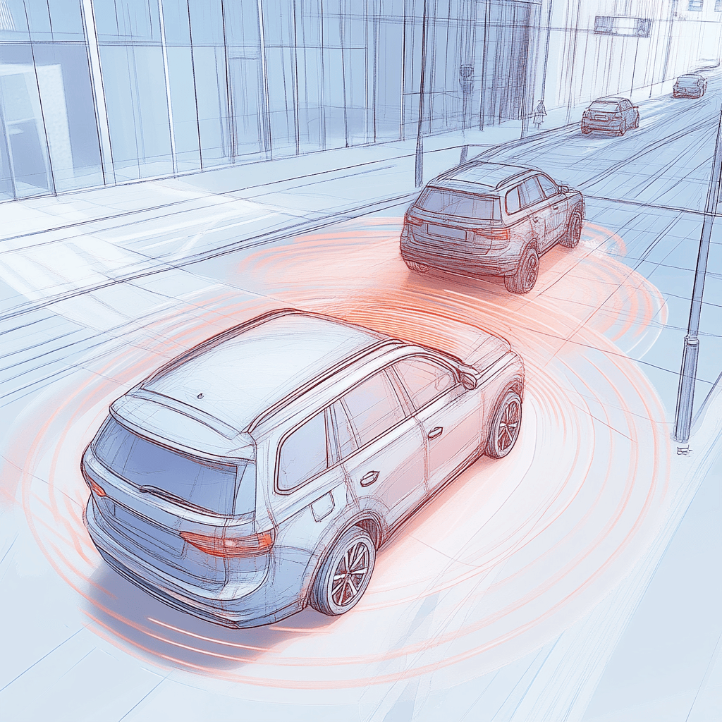Illustration of vehicles driving in a city with collision mitigation and smart breaking sensors shown as red detection zones around each car.