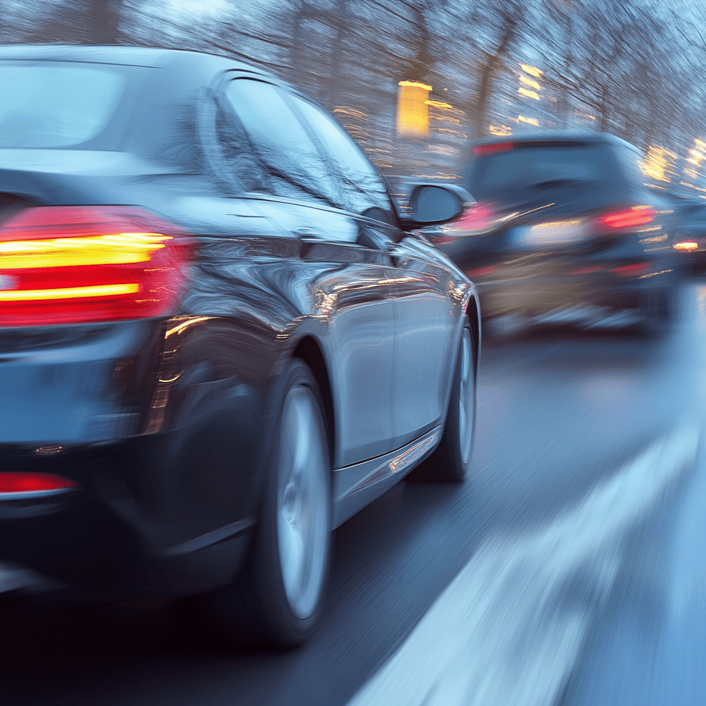 Motion-blurred image of cars driving at high speed on a wet road with reflections and evening lights.