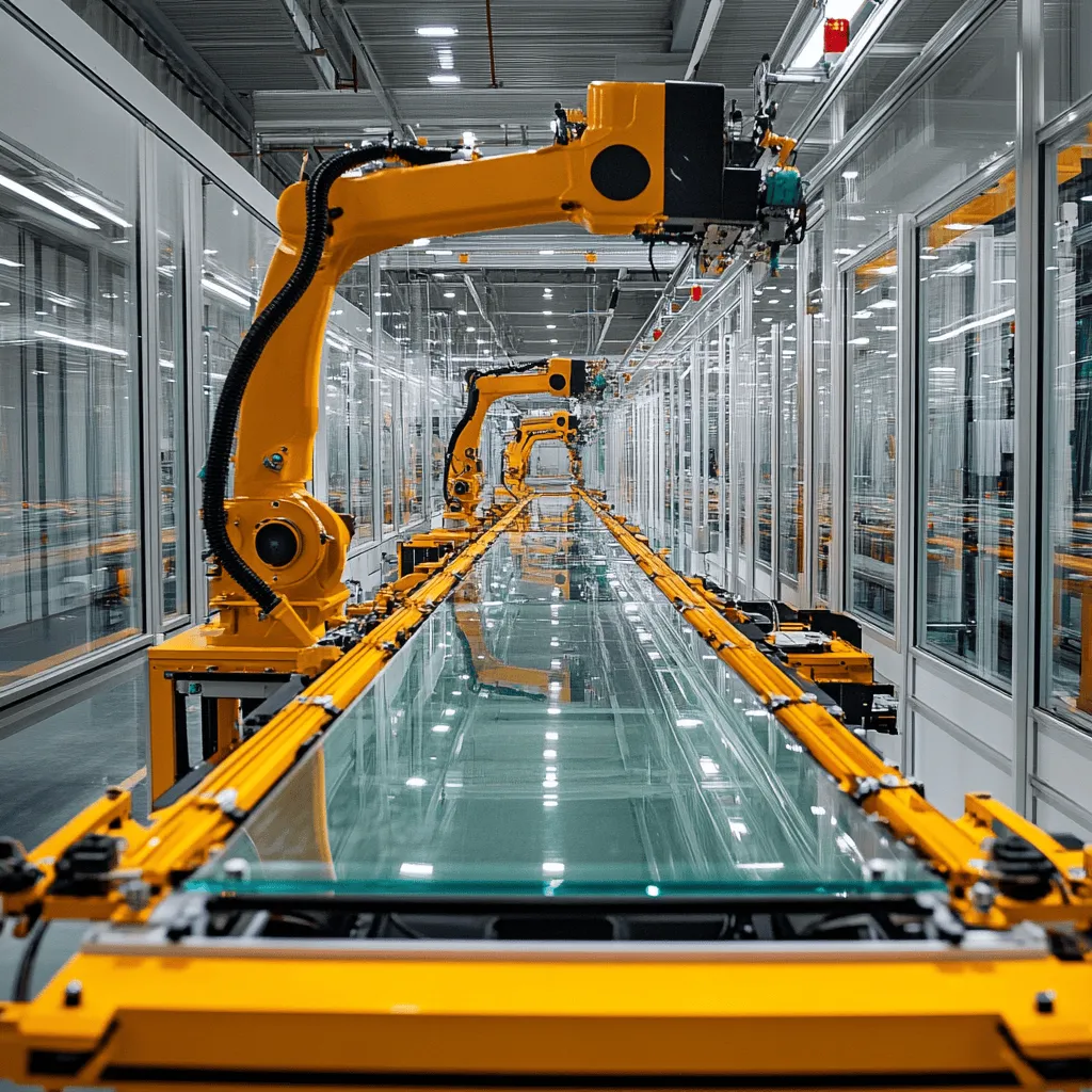 Factory production line with robotic arm systems handling windshield auto glass