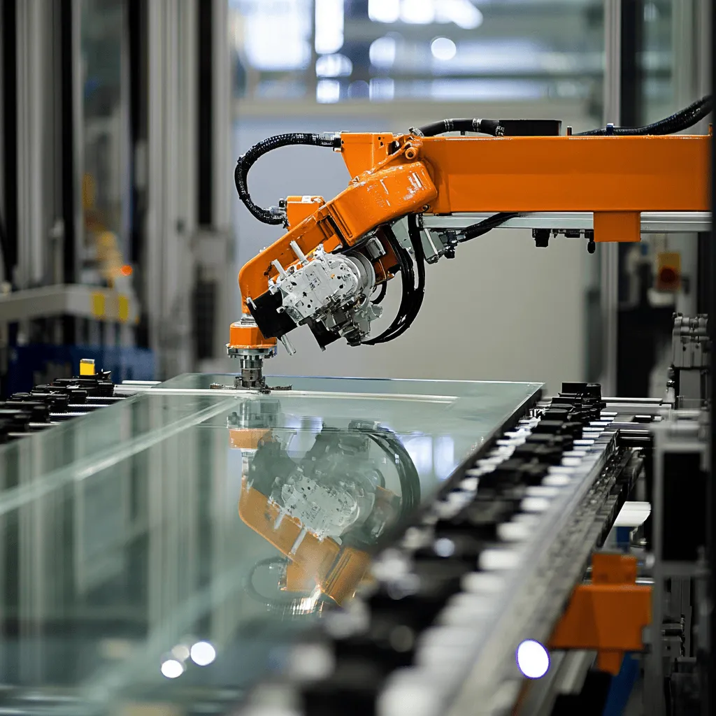 Robotic arm precisely handling high glass quality during high-tech windshield manufacturing