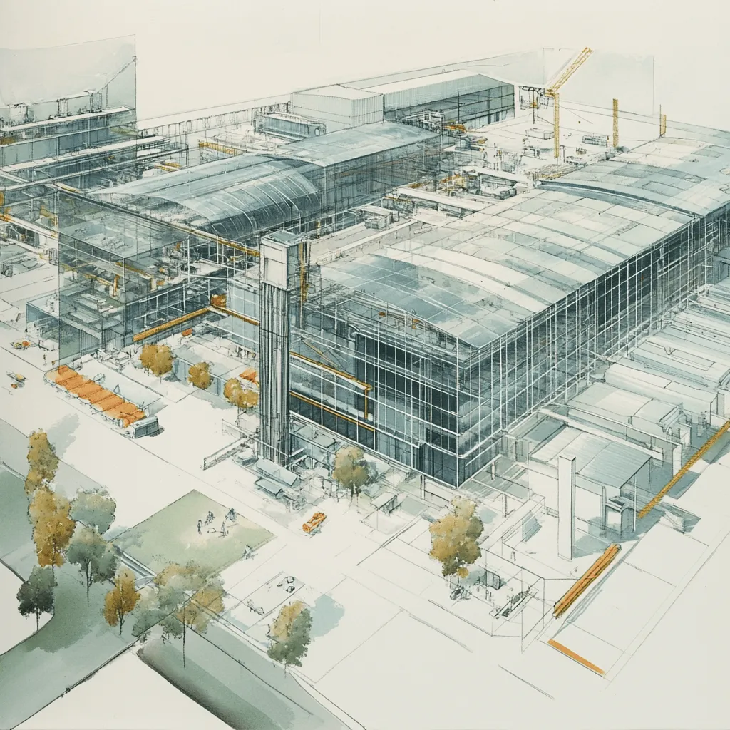 Architectural concept art of a high-tech auto glass production facility for OEM and aftermarket windshields