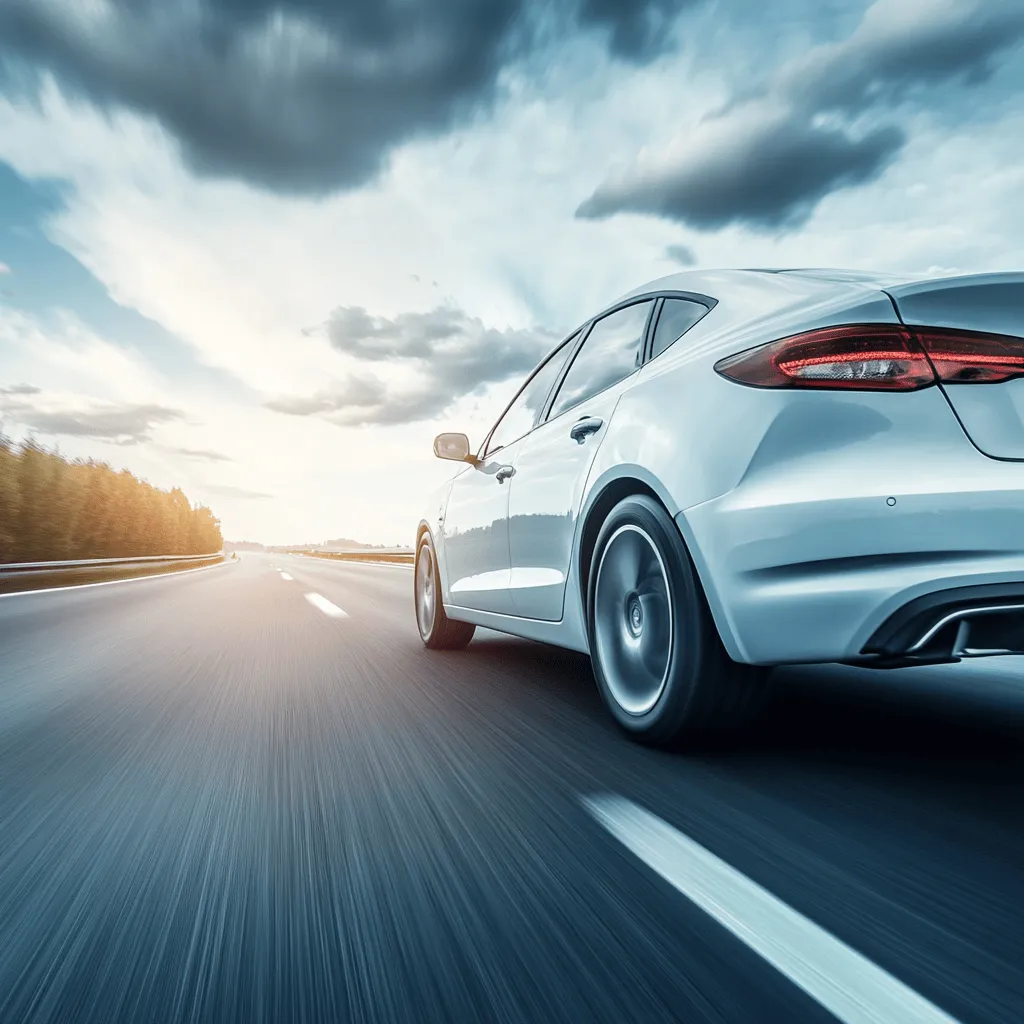 Exterior view of a vehicle travelling at high speeds on a highway while making a lane change