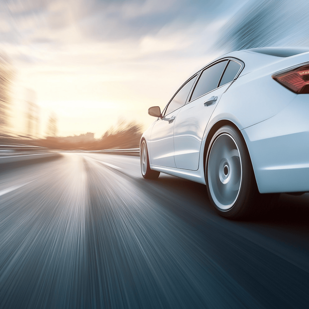 White sedan changing lanes while travelling quickly on a clear highway at sunset