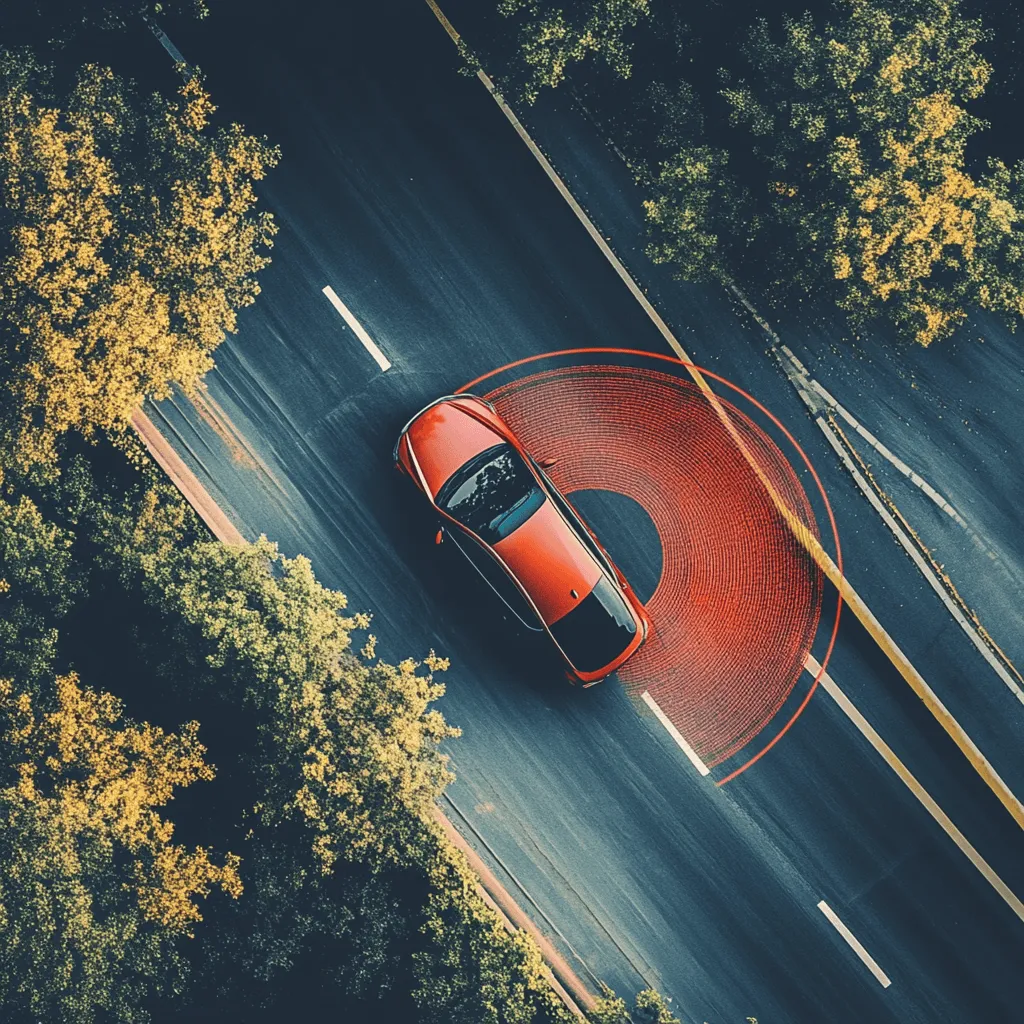 AI generated image illustrating an overhead view of a vehicle, with abstract red arcs on it's right side depicting lane change assist sensors