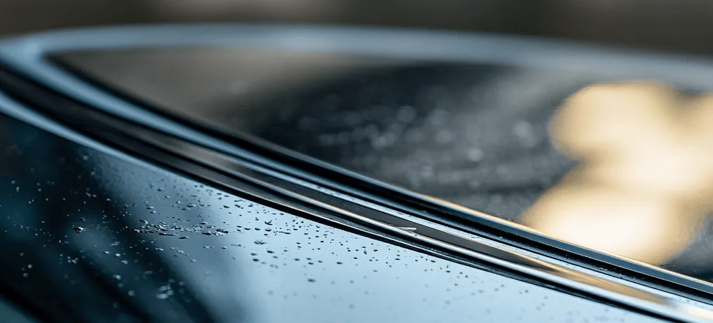 Close-up photo showing a fully installed windshield moulding with moisture surrounding the trim