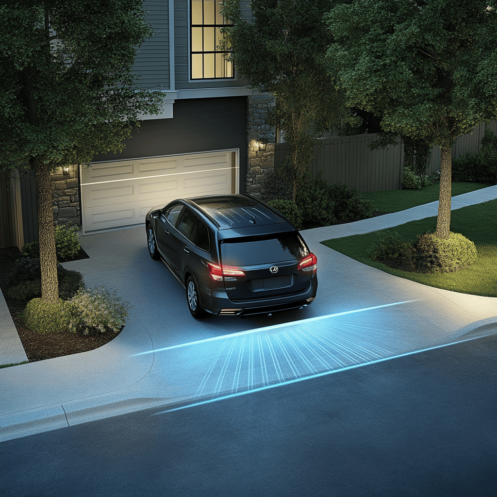 AI-generated image of a black SUV backing out of drive, with added abstract graphics indicating rear cross traffic alert functionality