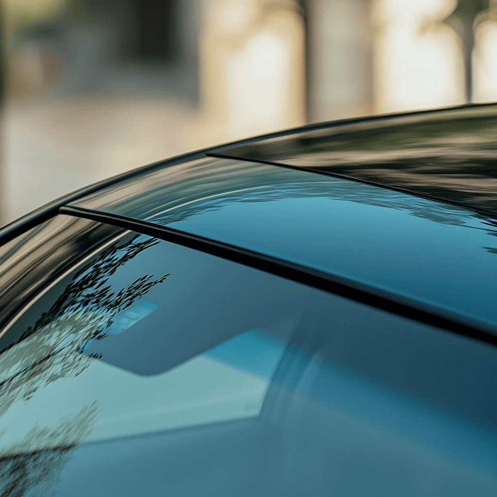 Close-up of a blue-tinted shade band along the top of a windshield, a common auto glass feature