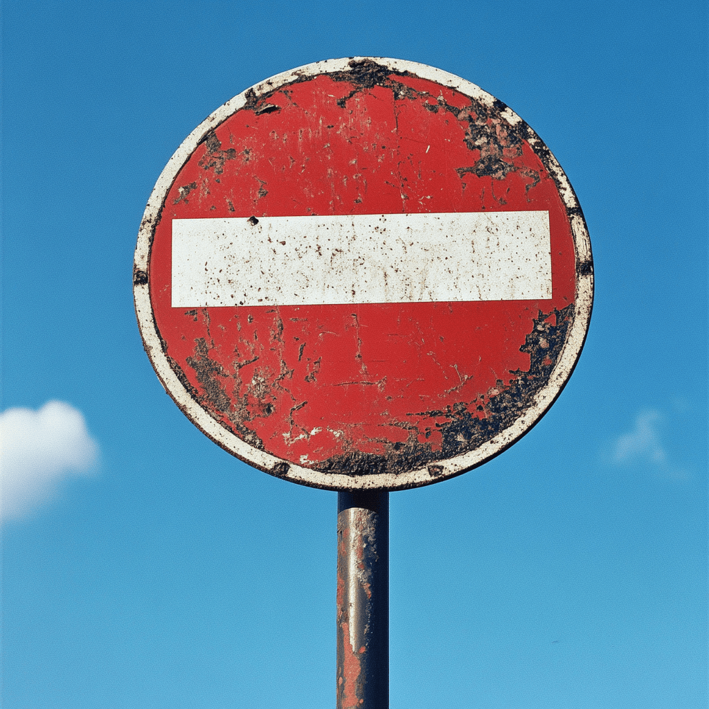 A weathered traffic sign displaying the symbol for 