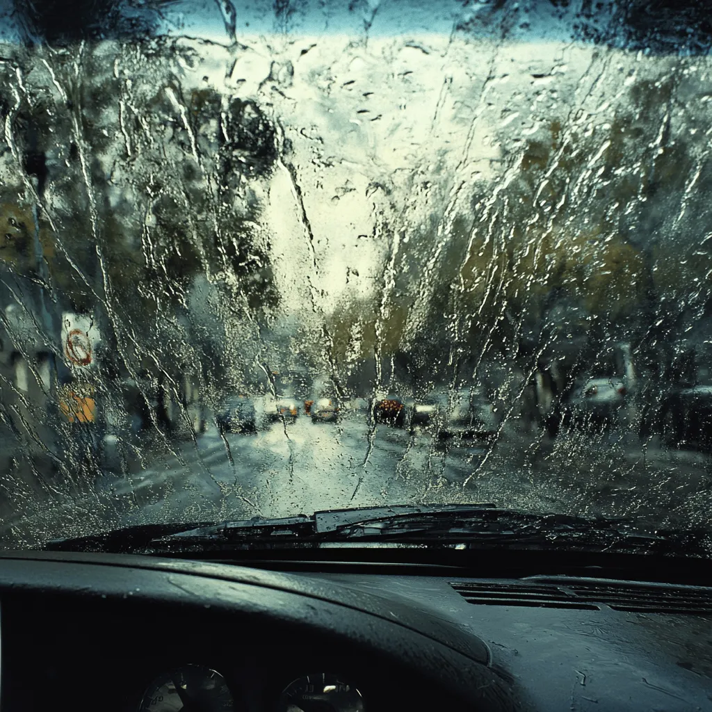 View through a rain-covered windshield highlighting the importance of regular wiper maintenance for clear visibility